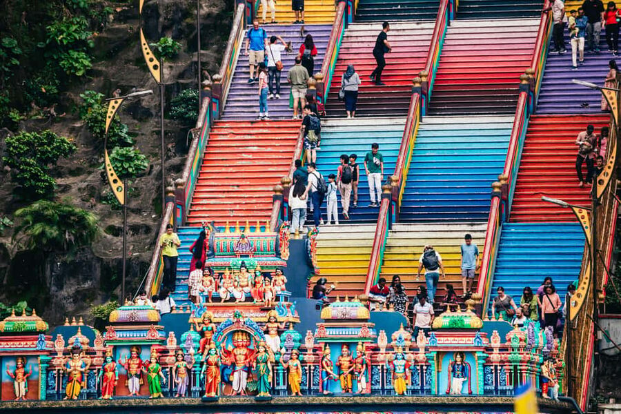 Rainbow steps climbing to the Batu Caves temple outside Kuala Lumpur